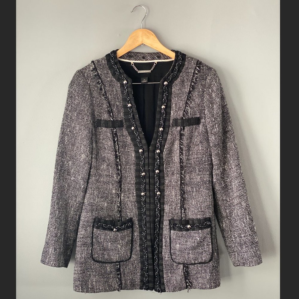 White House Black Market Tweed Silver Button Long Blazer Jacket